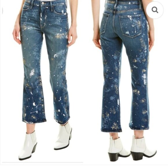 Frame Jeans Le Sylvie Kick Boot Out Paint Splatter Fray High Rise Crop Denim 24 - Picture 11 of 11